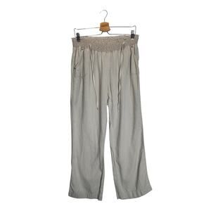Ci Sono Womens Khaki Wide Leg Linen Blend Pants Boho Coastal Smocked Waist Sz XL